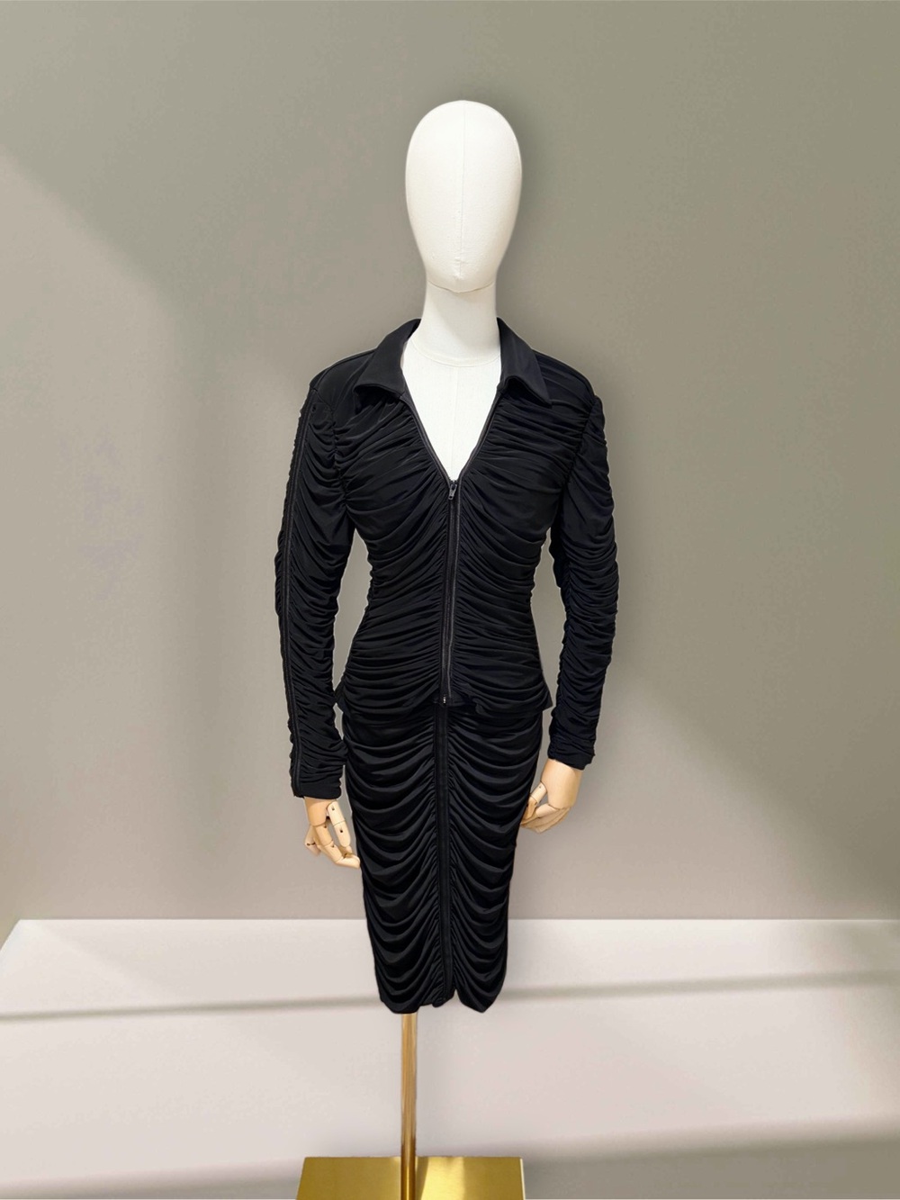 Vintage Tadashi Two Piece Black Ruched Zip-Front Long Sleeve Dress